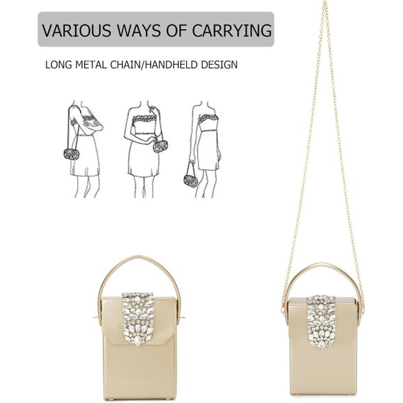 ⚡Women's Evening Rhinestone Box Detachable Chain Strap Tan Crystal Clutch Bag - Picture 6 of 6